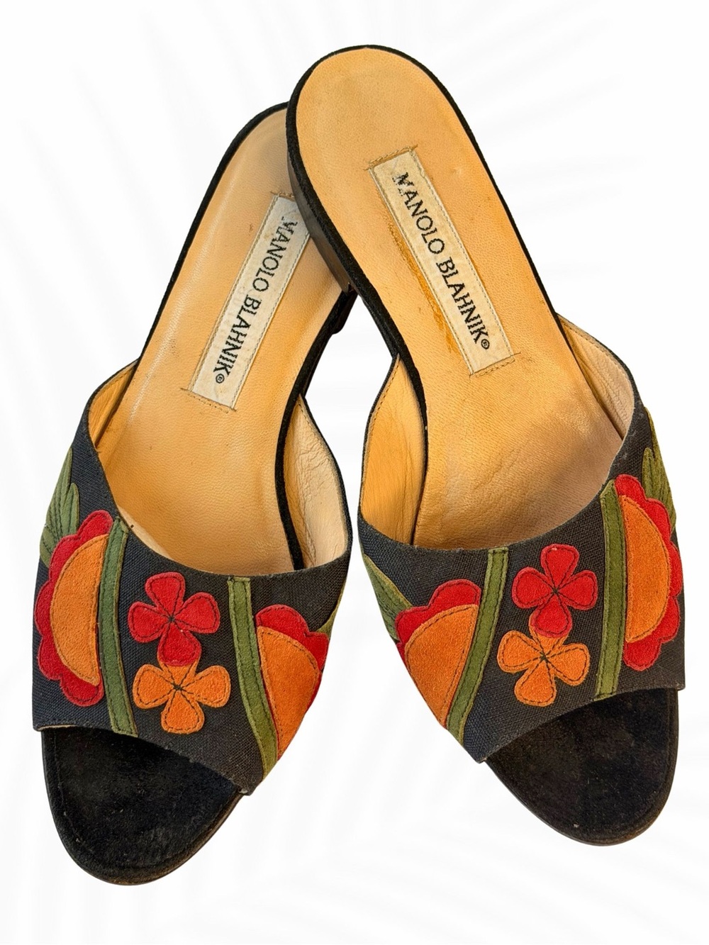 Manolo Blahnik Floral Embroidered Slide Sandals Black Multi Color Size 36